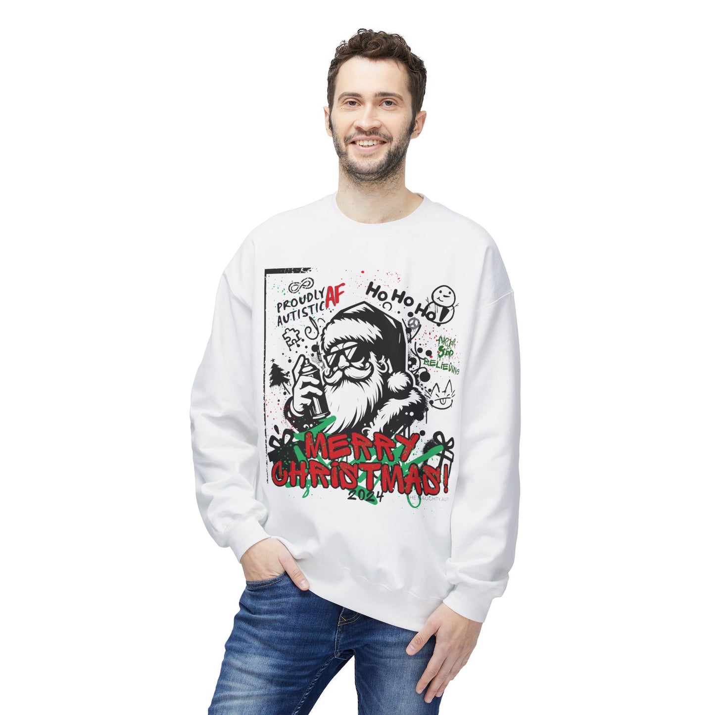 Merry Christmas Sweatshirt | Proudly Autistic AF Design with Graffiti Santa